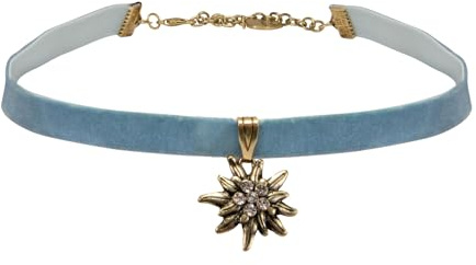 Alpenflüstern Trachten-Samt-Kropfband Strass-Edelweiß klein antik-gold-farben - Trachtenkette enganliegend und schmal, Kropfkette elastisch, Damen-Trachtenschmuck DHK240