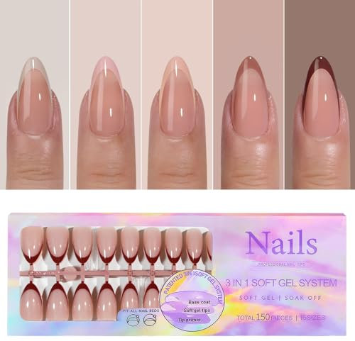 GZMAYUEN Press on Nails French Medium Almond, Nude Braun Mandel Tips für Nägel Soft Gel Full Cover Nägel zum Aufkleben Fingernägel Fake Nägel Tips 150 Stück 15 Größe