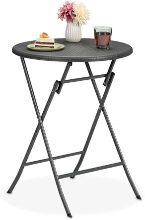 Relaxdays Gartentisch Rattan-Optik, rund, HxD: 75 x 60 cm, Balkontisch, Kunststoff & Metall, Outdoor Tisch, grau