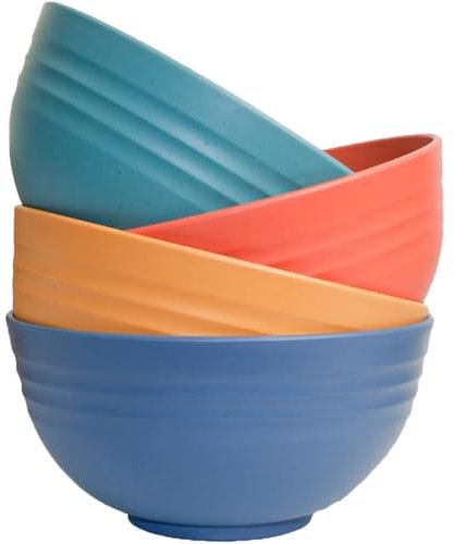 MaoMaoCha Plastic Cereal Bowls 4 Pieces, Unbreakable 700ml/24oz Lightweight Bowl Set, Reusable Serving Bowl for Rice Noodle Soup Snack Salad Fruit, BPA Free, Dishwasher & Microwave Safe (4 Colors)