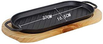 Cast Iron Steak Skillet Serving Plate Set with Handle - Asian Style Dish with Wooden Board for Kitchen Dining - 2 Piece Serving Set