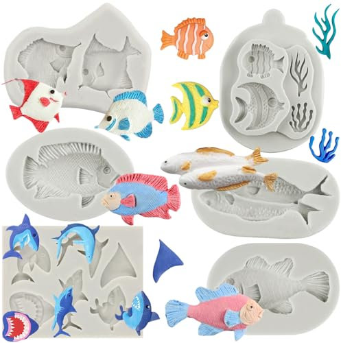 MYRACS Lot de 6 moules à fondant en silicone avec motif de poissons, océan, requins et coraux, pour décorer le sucre, les gâteaux, les cupcakes, le chocolat, la pâte à fleurs et l'argile polymère