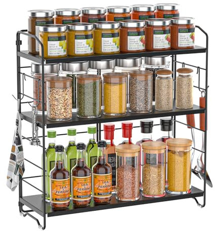 AHOMSEL Porta spezie in metallo a 3 ripiani, ripiani da cucina regolabili in altezza, porta spezie verticale, portaoggetti da banco per cucina, bagno e camera da letto, nero