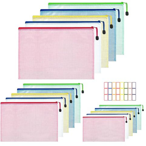 18 Stück Dokumententasche A4+A5+A6, Mesh Beutel mit ReißVerschluss Wasserdichte Dokumententasche, Reißverschlussbeutel mit Aufklebern für Dokumente Quittung Papier Prüfungsblatt Kosmetik 5 Farben