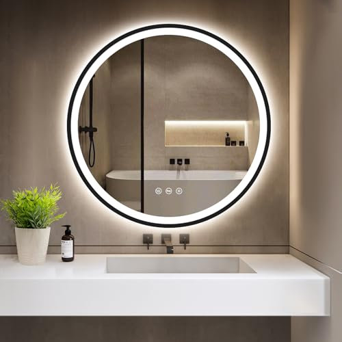 GIMBELEN LED Runder Badspiegel mit Beleuchtung, 3 Lichtfarben, Dimmbar, Antibeschlag, Energiesparend, Touch-Schalter und Speicherfunktion, LED Badspiegel Schwarz, 70 cm