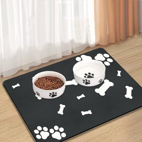 Lurowo Tapis d'alimentation super absorbant pour chien et chat avec fond en caoutchouc antidérapant à séchage rapide lavable pour gamelles pour chiens et chats - Motif pattes d'os - Gris foncé, 30 x