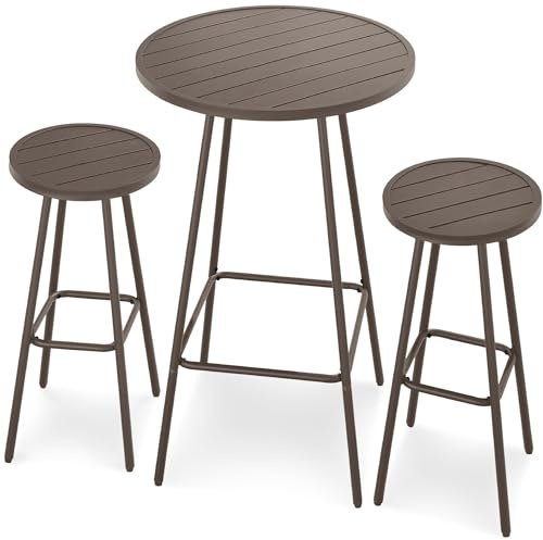 Best Choice Products 3-Piece Patio Dining Set, Bar Height, Outdoor Bistro Set, Outdoor Round Bar Table w/ 2 Bar Stools, Steel - Taupe