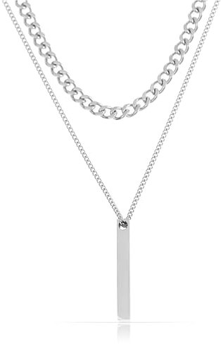 Made by Nami Silber Halskette Herren Doppellagig aus Chirurgischem Edelstahl 316 Kette für Herren mit Anhänger und runden Charms Männer Schmuck (Stab, Silber)