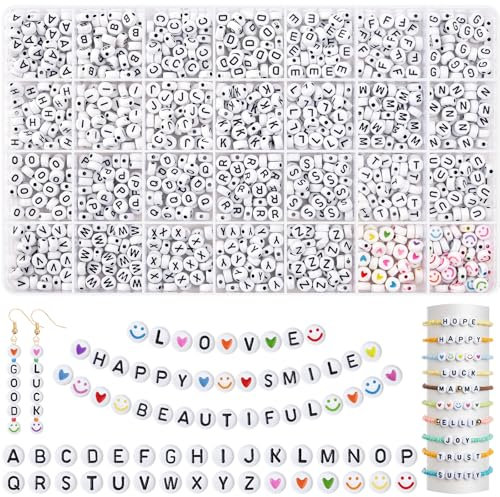 EUES 2000 Stück Buchstabenperlen zum Armbänder,7mm A-Z Buchstaben Perlen Set,Rund Buchstaben Perlen für Auffädeln, Alphabet Perlen für Schmuckherstellung DIY Armbänder Halsketten Handwerk