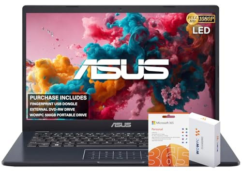ASUS Ordinateur portable FHD 14 po, processeur Intel Celeron N4500, Windows 11 Home, MS Office 365, 4 Go de RAM, 564 Go de stockage (disque externe de 500 Go + 64 Go eMMC), avec lecteur DVD externe