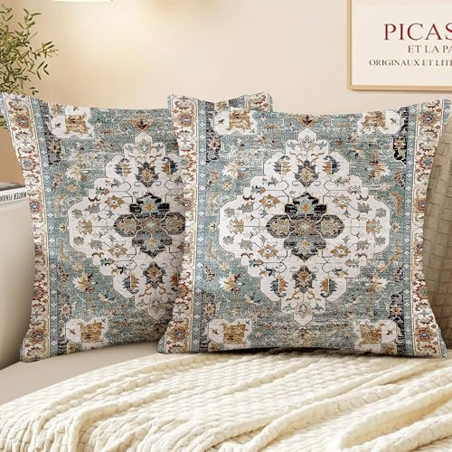 XPHZZL Pack of 2 Bohemian Style Linen Decorative Cushion Covers 65x65 cm Square Throw Pillow Covers 26x26 Inch Boho Style Pillowcases for Outdoor Home Decor Sofa Bedroom Car - Cyan Brown