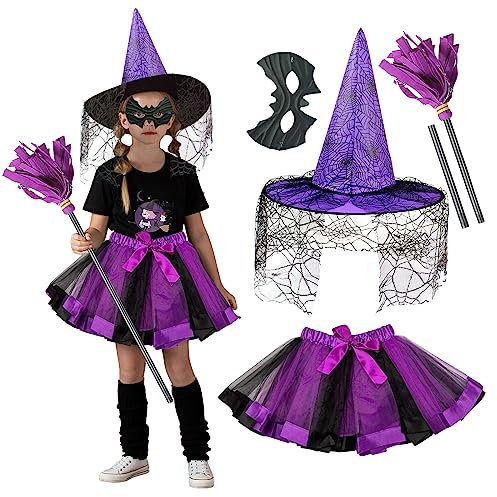 Escoba de Bruja con Conjunto Completo para Halloween, Incluye Sombrero, Máscara de Murciélago, Falda de Telaraña y Escoba Desmontable, Talla Única, Color Morado