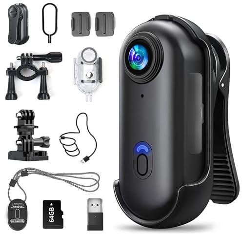 Mini Action Cam POV 1080P, Bodycam körperkamera, Actionkamera mit 64 GB Speicherkarte, 120° Weitwinkel, 120 Min Akku, Helmkamera, Motorrad Kamera, mit Multifunctional Accessories, für Reisen, Outdoor