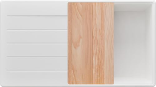 PRIMAGRAN Spülbecken ab 60er Unterschrank + Ablauf-Set, 90x50cm | Set: Ablauf-Set (Siphon, Ablaufgarnitur, Überlauf) + Schneidebrett + Granitspüle 1 Becken - Kopenhagen Top, Alles Weiß
