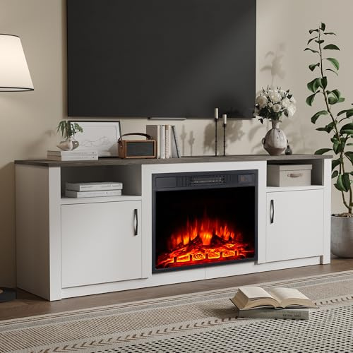 M.C.Haus 157cmW TV Stand 23 Electric Fireplace Modern Entertainment Centre with Realistic 3D Flame Effect, Overheat Protection & Remote Control, Wooden Console Table for Living Room