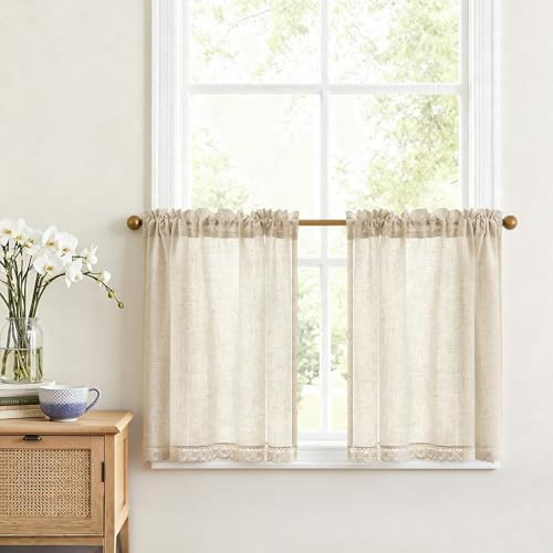 Vangao Leinenoptik Scheibengardinen Bistrogardine 2er Set 90Bx60Hcm Beige | Spitzenborte Landhausstil Boho Gardinen Kurz mit Stangendurchzug, Lichtdurchlässig, Küche Wohnwagen Fenster Vorhang Innen
