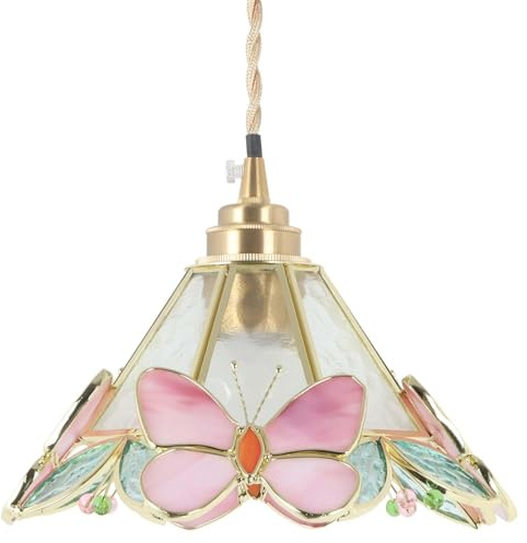 Bieye L30999 Tiffany - Lámpara de techo (cristal, 21,8 cm), diseño de mariposas y flores, color rosa