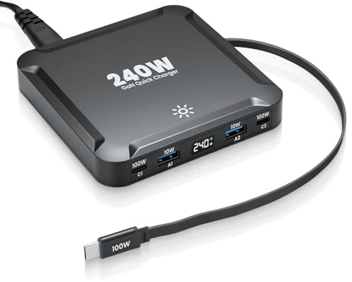 240W USB C Ladegerät Mehrfach, 100W USB-C ausziehbares Kabel + 2C + 2A, 5 in 1 USB Laptop Schnellladegerät Ladestation Kompatibel mit MacBook Pro/Air, i-Pad, iPhone, HP, Galaxy S25 usw
