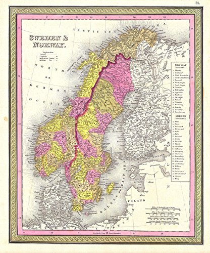 Sweden and Norway Map Mitchell 1850 - Small - Matte Print