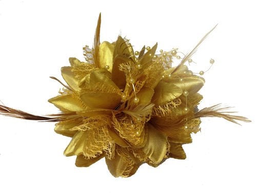 Gold Flora Feather Bead Corsage Hair Fascinator on Hairband Clip & Pin Festive Christmas