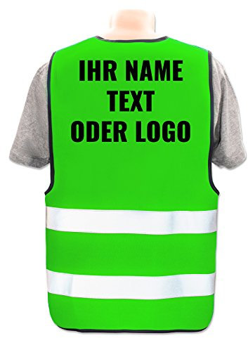Warnweste selbst gestalten mit eigenem Aufdruck * Bedruckt mit Name Text Bild Logo Firma, Position & Druckart:Rücken/Premium-Druck, Farbe & Größe:Neon Grün/Größe M/L