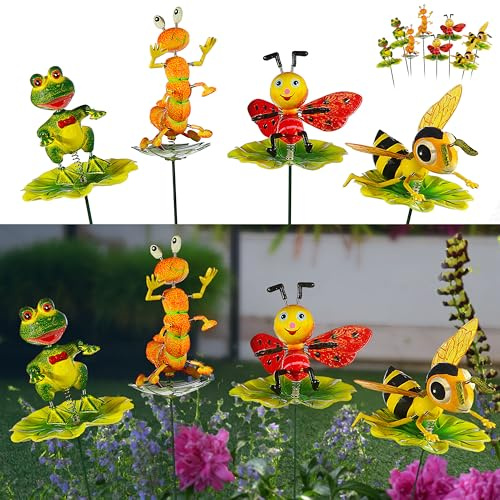 12er Set Blumenstecker Tiere auf Blatt | H60cm Eisen Polystyrol bunt | Biene Frosch Raupe Marienkäfer beweglich | Gartendeko (12)