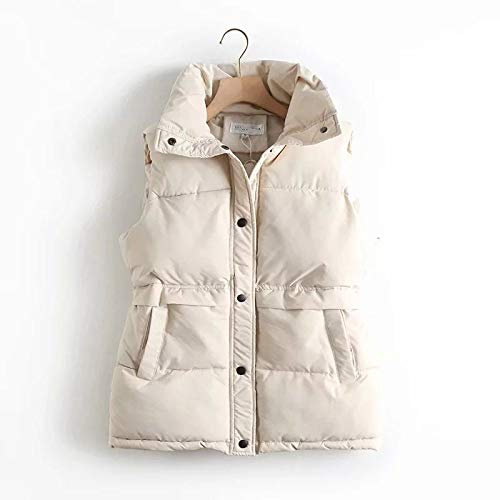Women's Down Puffer Vest Coat - Autumn Winter Loose Drawstring Stand Collar Long Jacket, Cotton Padded Windproof Warm Waistcoat, Outdoor Sports Insulated Gilet, Beige, L