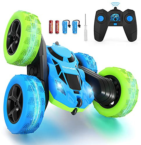 Hamdol Voiture télécommandée pour enfants double face 360° rotative 4WD RC voiture avec phares 2,4 GHz Electric Race Stunt Toy Machines Rechargeables pour garçons filles anniversaire (rouge)
