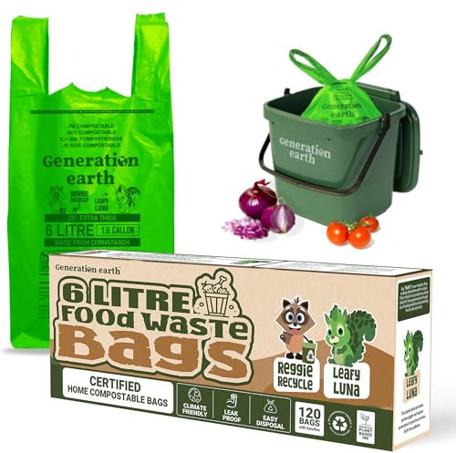 120 bolsas 6L | Revestimientos para carritos compostables de almidón de maíz para residuos de alimentos | Bolsas de basura 100% biodegradables | Bolsas para contenedores de basura | Generation earth