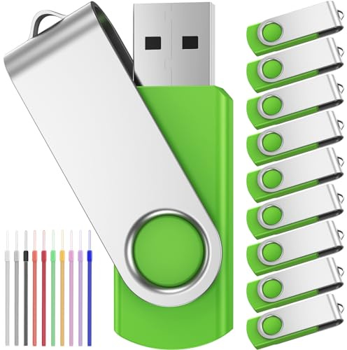 FEBNISCTE USB 64GB 10 Stück Memory Sticks Rotating Pendrive 64 GB SB 2.0 Flash Drive Grün Tragbar Günstig mit 10 Einheiten USB-Kabel Praktisch und Sparsam für Dokumente/Fotos / Mp3 / Video