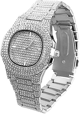 Halukakah Ovales Zifferblatt Diamant Golduhr Iced Out, Männer Platin Weißgold Plattiert Quarz Armband 24cm, mit Geschenkbox