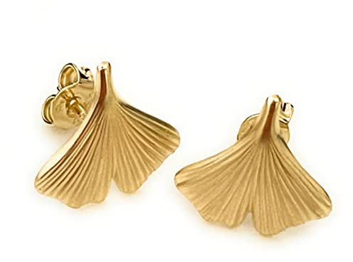GROSSEJEWELS Goldener Ginkgo-Schmuck, hochwertig handgefertigt aus 925 Silber: Ringe, Anhänger, Ohrringe, Armreifen und Broschen (Ohrstecker klein mattiert)