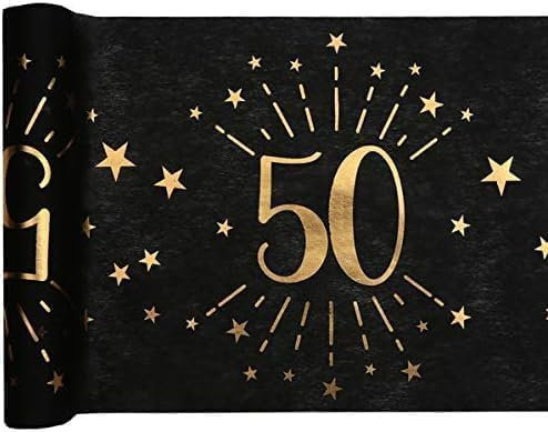 Tischläufer Tischdecke 50 zum 50. Geburtstag in schwarz & gold mit Sternen Geburtstags-Deko Geburtstags-Feier Tisch-Dekoration Geburtstag 50. Geburtstag Mann & Frau Volljährigkeit 2 Rollen = 10m