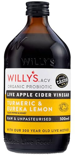 WILLY'S Organic Live Apple Cider Vinegar with Mother - Probiotics For Gut Health - Fresh Turmeric, Lemon, Honey & Black Pepper - 500ml Refillable Glass Bottle - Sustainable ACV