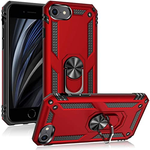 Verco Hybrid Armor Shiel Case für iPhone SE 2020 2022, iPhone 7/8 Hülle, extrem robust mit Magnet Fingerring Halter Handyhülle für iPhone SE [2/3. Generation] Panzerhülle, Rot