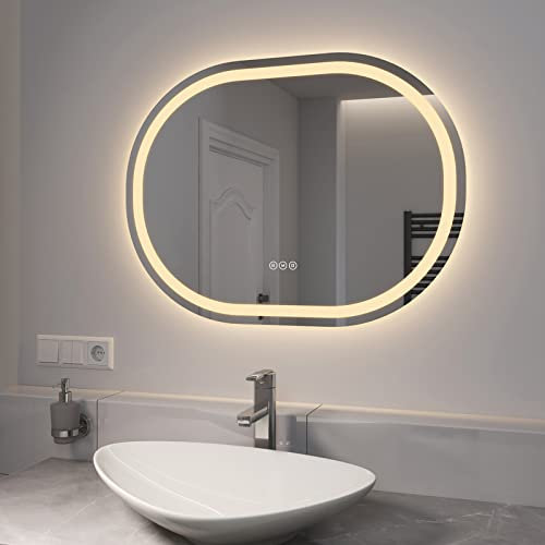 EMKE badspiegel mit Beleuchtung 80x60cm, Badezimmerspiegel mit Touchschalter, Beschlagfrei, 3 Lichtfarbe Dimmbar, Speicherfunktion Energiesparend Oval Spiegel mit Beleuchtung