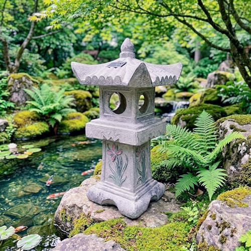 GRASOLAR 23.6’’High Asian Orchid Pagoda Statue Solar-Powered LED Light Miniature Tower Lantern Garden Decoration Figurines Solar Lamp Outdoor Japanese Decoration Zen Courtyard Landscape
