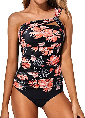Wantonfy Damen Zweiteilig Badeanzug High Waist Tankini EIN Schulter Bademode Schwimmanzug Bademode
