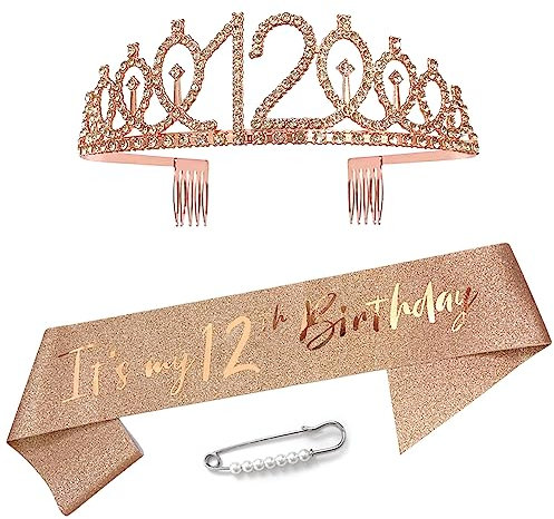 Maigendoo 12. Geburtstag Gürtel Krone Geburtstag Kopfschmuck Kristall Tiara Crown Prinzessin Haar-Zusätze Geburtstag Schärpe Anzug mit Kleiderbrosche für Mädchen Frauen Geburtstagsparty Dekoration