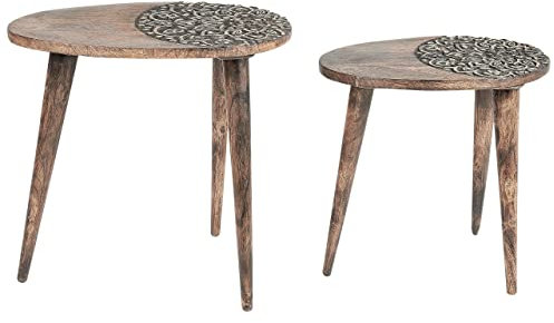 Beistelltisch 2er Set Mango Holz Dunkelbraun oval dreibeinig geschnitzt Khetua