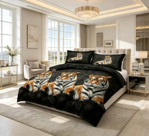4 Piece Complete Bedding Set 3D Design Floral, Animal Printed Duvet Cover with Fitted Sheet Pillowcases (346 Tiger, King)