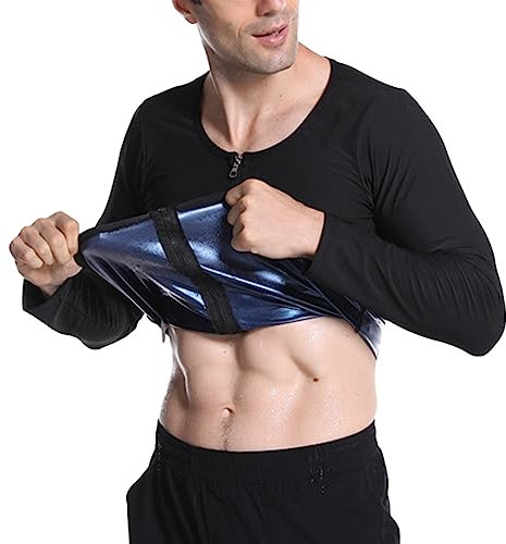 Tuta Sauna Uomo Camicia Compressione da Allenamento con Cerniera Uomo Maglia Sauna Sudare Snellente Maglietta Sportivo Gilet Sauna Modellante Fitness Manica Lunga T Shirt Palestra Sudore Body Shaper A