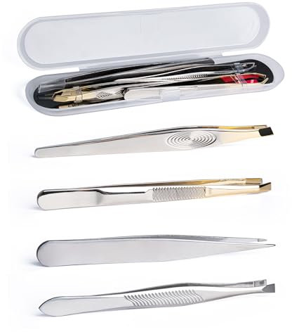 MEGAVOW 4 Piezas Pinza de Depilar para Cejas Profesionales, Portátil Acero Inoxidable Pinzas, Pestañas, Vellos Encarnados, Barba Mujeres y Hombres