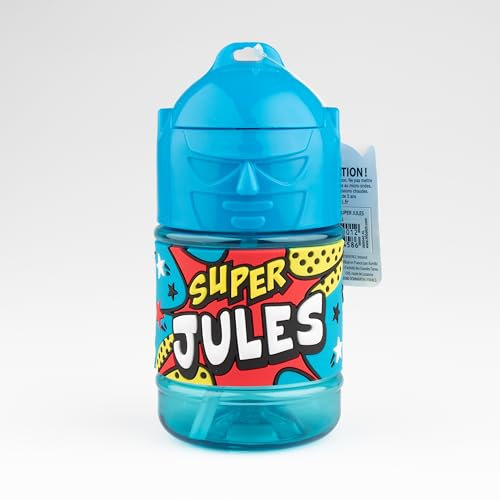 Bouteille personnalisée pour enfant, gourde d'eau avec paille - Super Jules, Bleu