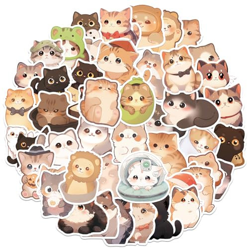 Amaxiu Niedliches Kawaii Katzen Aufkleber Set, 50 Stück lustige Cartoon Tier Ästhetik Aufkleber, wasserfest, selbstklebende Vinyl Aufkleber für Scrapbooking, Planer, Tagebücher