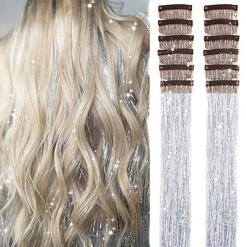 PORSMEER 12Pcs Clip in Hair Tinsel Kit,Colorful Silver Glitter Tinsel Extensions Fairy Hair with Clips, Sparkling Shiny Accessories 20 Inch for Women
