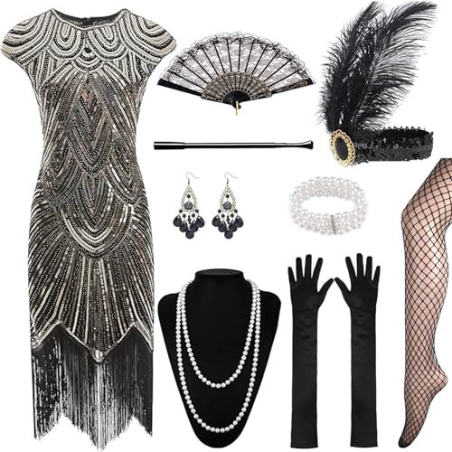 XCMVCN 12 Stück 1920er Charleston Kleid Pailletten Perlen Fransen Gatsby, Kleid mit 20er Jahre Accessoires, Vintage Mafia Kostüm,Cocktailkleid,Faschingskostüm (Schwarz+Gold,M)