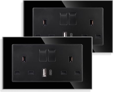 JIMEIDA 2 Pack Black Double Switched Socket 13 Amp Glass Panel with USB-A And Type-C Charging Ports Crystal Wall Outlet Electric Power Socket