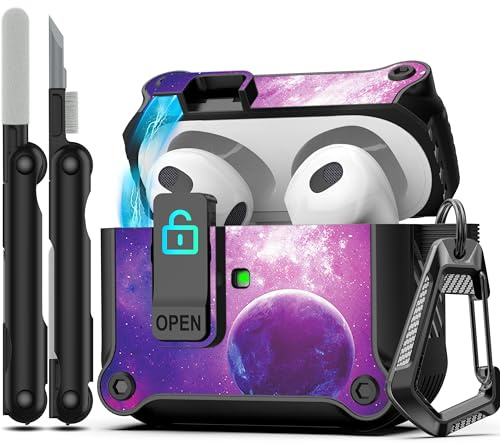 RFUNGUANGO Kompatibel mit Airpods 3 Hülle mit Reinigungsset, sicherer Verschlussclip, Ganzkörper-stoßfest, kompatibel mit Apple AirPod 3. Generation 2021,sternenklarer Himmel