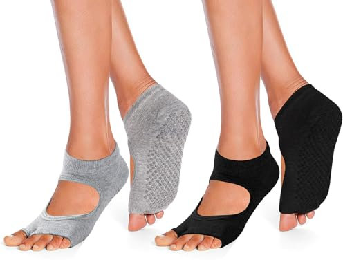 ZLLkeji Yoga Socken für Damen Rutschfeste Zehenlos Pilates Socken Atmungsaktiv Stoppersocken für Zuhause Workout Sport Ballett Tanz Trampolin Krankenhaus 35-42 2 Pairs Black Grey